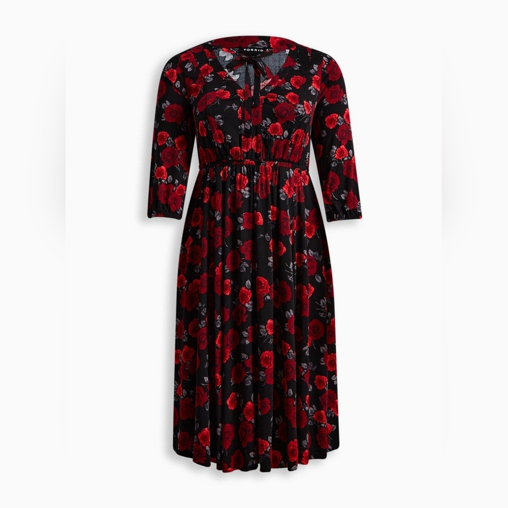 NWT Red Black and Grey Rose Print Dress with Tie Feature SZ 2X
